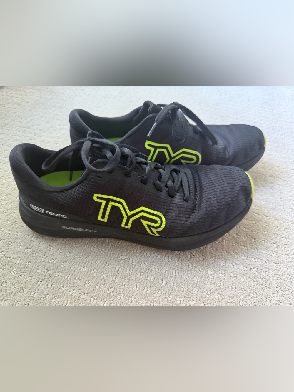 TYR Men's Black Athletic Shoes with Neon Yellow Logo